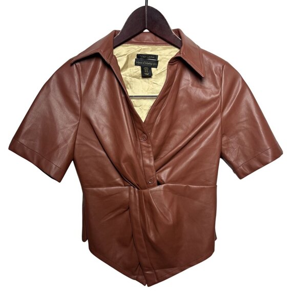 House Of Harlow 1960 Vegan Leather Short-Sleeve Button-Up Shirt - Rust Brown XS - Picture 1 of 6